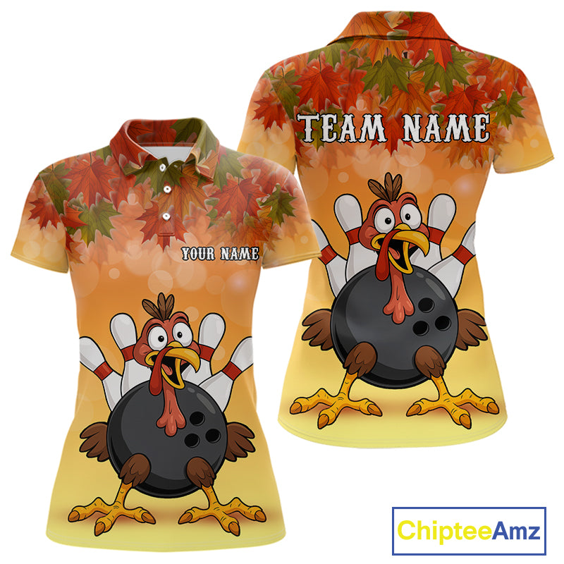 Custom Funny Turkey Bowling Shirt For Women, maple leaf pattern Thanksgiving Bowling Team Uniform NQS10368