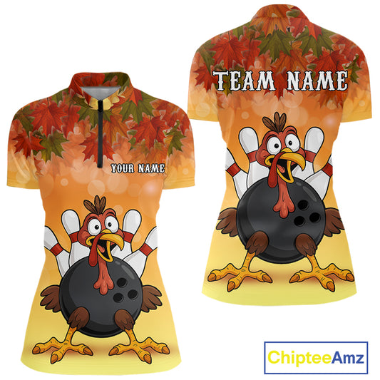 Custom Funny Turkey Bowling Shirt For Women, maple leaf pattern Thanksgiving Bowling Team Uniform NQS10368