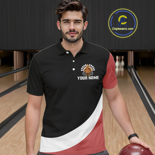 Retro Black and Red Turkey Bowling Polo, Quarter Zip Shirt For Men, Thanksgiving Bowling Team Jersey NQS10370