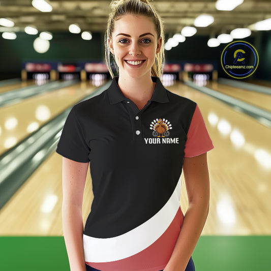 Retro Black & Red Turkey Bowling Polo, Quarter Zip Shirt For Women, Thanksgiving Bowling Team Jersey NQS10370
