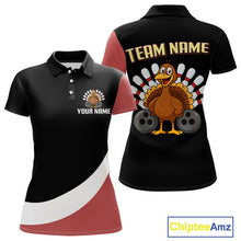 Load image into Gallery viewer, Retro Black &amp; Red Turkey Bowling Polo, Quarter Zip Shirt For Women, Thanksgiving Bowling Team Jersey NQS10370