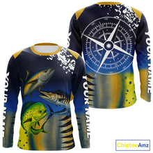 Load image into Gallery viewer, Personalized Mahi Mahi, Wahoo, Tuna scales blue Fishing Shirts, compass offshore tournament Shirts NQS10371