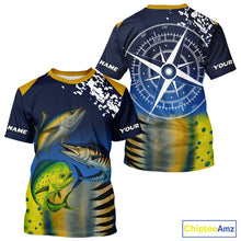 Load image into Gallery viewer, Personalized Mahi Mahi, Wahoo, Tuna scales blue Fishing Shirts, compass offshore tournament Shirts NQS10371