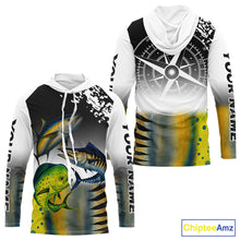 Load image into Gallery viewer, Personalized Mahi Mahi, Wahoo, Tuna scales black Fishing Shirts, compass offshore tournament Shirts NQS10372