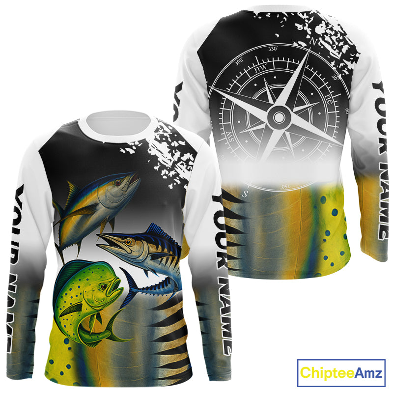Personalized Mahi Mahi, Wahoo, Tuna scales black Fishing Shirts, compass offshore tournament Shirts NQS10372