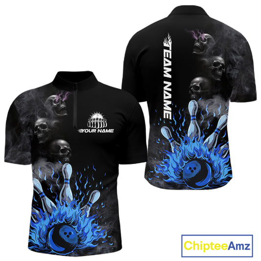 Personalized Smoke Skull Blue Flame Black Bowling Shirts For Men Custom Team Bowling Jerseys NQS10597