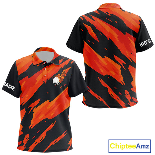 Black and Orange Flame Golf polo shirts for Kid Custom Kid golf outfit, personalized golf gifts NQS10069