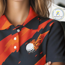 Load image into Gallery viewer, Black and Orange Flame Golf polo shirts for Women Custom ladies golf outfit, personalized golf gifts NQS10069