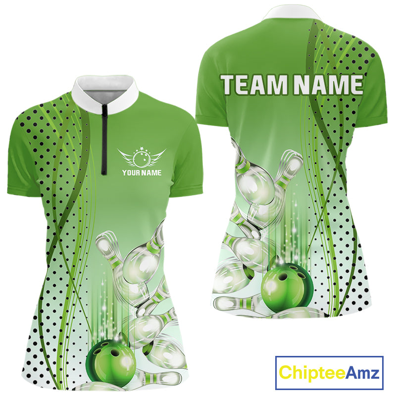 Women bowling polo, quarter zip shirts Custom bowling team jerseys, gift for Bowlers | Green NQS10072