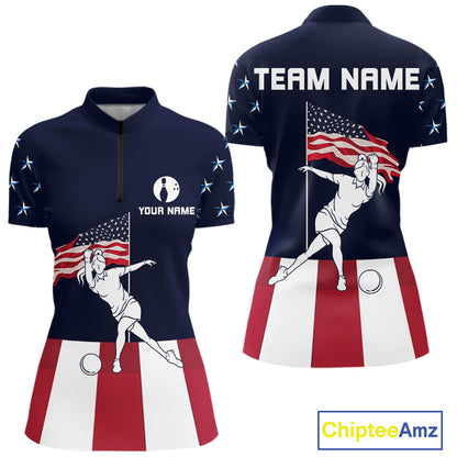 Red, White and Blue American Flag Bowling Team Shirts For Women Custom Patriotic Bowling Jerseys NQS10220