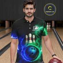 Load image into Gallery viewer, Blue and Green Lightning thunder Black Bowling Shirts For Men custom Bowling Team Jerseys NQS10379