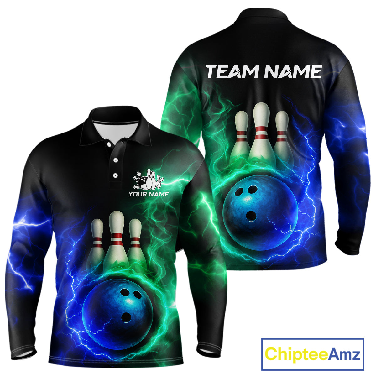 Blue and Green Lightning thunder Black Bowling Shirts For Men custom Bowling Team Jerseys NQS10379