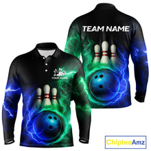 Load image into Gallery viewer, Blue and Green Lightning thunder Black Bowling Shirts For Men custom Bowling Team Jerseys NQS10379