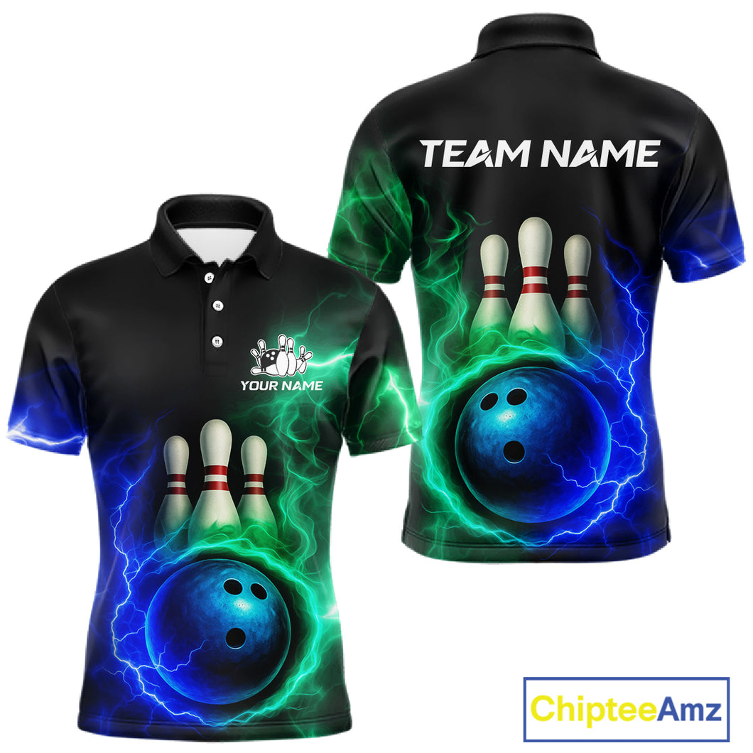 Blue and Green Lightning thunder Black Bowling Shirts For Men custom Bowling Team Jerseys NQS10379
