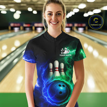 Load image into Gallery viewer, Blue and Green Lightning thunder Black Bowling Shirts For Women custom Bowling Team Jerseys NQS10379