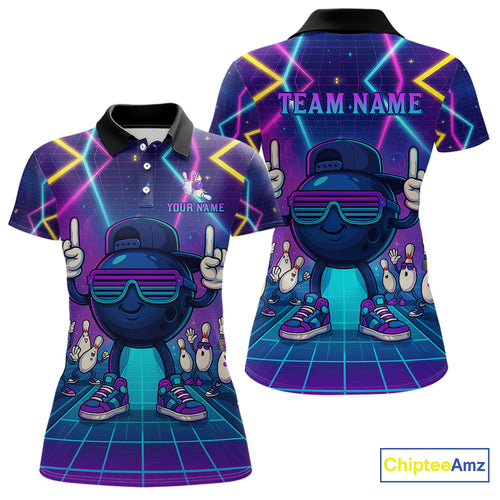 Purple neon stage funny Bowling polo, quarter zip shirts for Women Custom funny bowling team shirts NQS10299