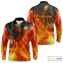 Load image into Gallery viewer, Orange Flame Skull reaper Bowling polo, quarter zip shirts for Men Custom skull bowling team jersey NQS10300