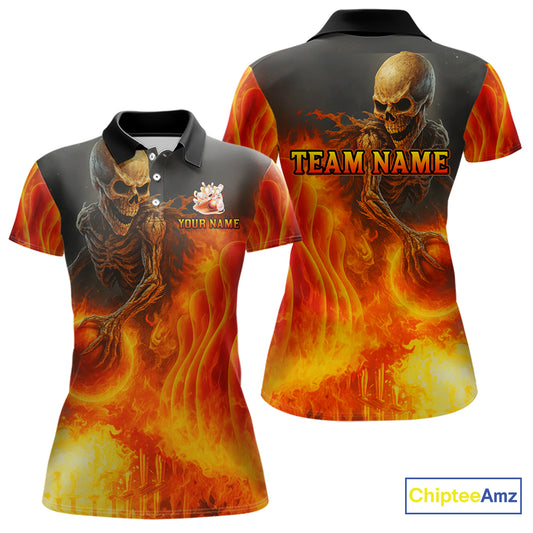 Orange Flame Skull reaper Bowling polo, quarter zip shirts for Women Custom skull bowling team jersey NQS10300