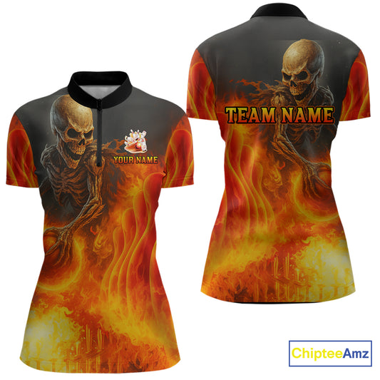Orange Flame Skull reaper Bowling polo, quarter zip shirts for Women Custom skull bowling team jersey NQS10300