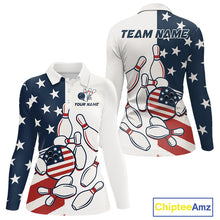 Load image into Gallery viewer, Custom American flag Bowling Shirt For Women personalized red, white and blue patriotic bowling shirt NQS10313