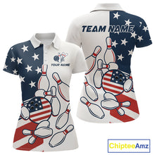 Load image into Gallery viewer, Custom American flag Bowling Shirt For Women personalized red, white and blue patriotic bowling shirt NQS10313