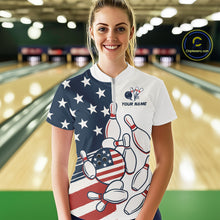Load image into Gallery viewer, Custom American flag Bowling Shirt For Women personalized red, white and blue patriotic bowling shirt NQS10313