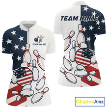 Load image into Gallery viewer, Custom American flag Bowling Shirt For Women personalized red, white and blue patriotic bowling shirt NQS10313