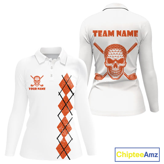 Orange argyle plaid pattern Skull White Golf polo shirt for Women custom Halloween ladies golf attire NQS10357