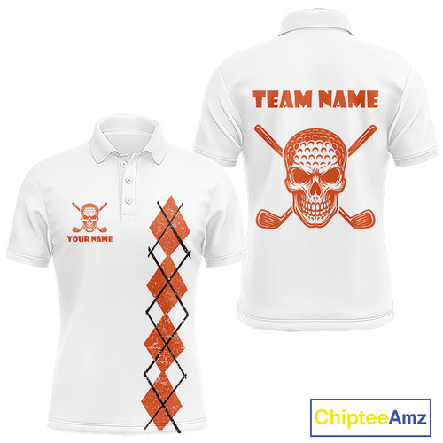 Orange argyle plaid pattern Skull White Golf polo shirts for men custom Halloween mens golf attire NQS10357