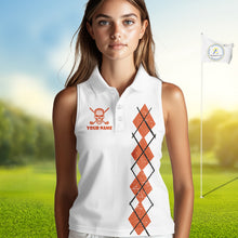 Load image into Gallery viewer, Orange argyle plaid pattern Skull White Sleeveless polo shirt custom Halloween ladies golf attire NQS10357