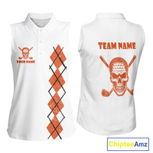 Load image into Gallery viewer, Orange argyle plaid pattern Skull White Sleeveless polo shirt custom Halloween ladies golf attire NQS10357