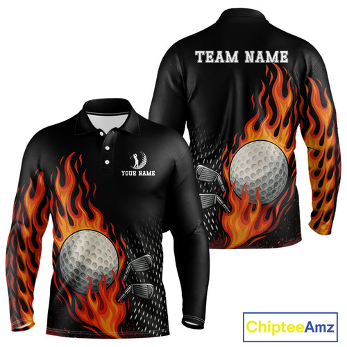Flame Golf ball black Golf polo shirt for men Custom Mens golf top, personalized golf gifts NQS10364