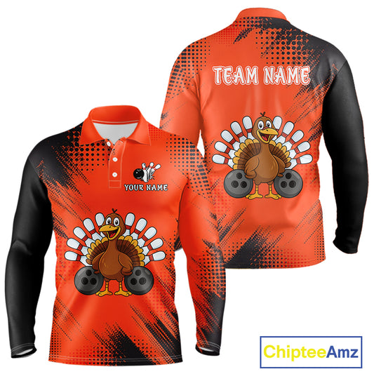 Custom Orange Turkey Bowling Shirt For Men, Thanksgiving Bowling Team Jersey Bowler Outfit NQS10369