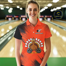 Load image into Gallery viewer, Custom Orange Turkey Bowling Shirt For Women, Thanksgiving Bowling Team Jersey Bowler Outfit NQS10369