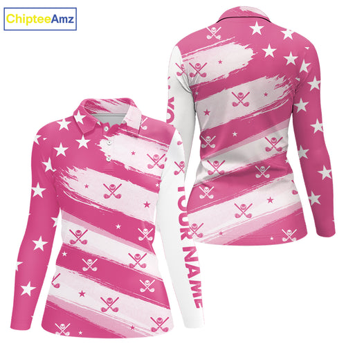 Pink American Flag Women golf polo shirt custom patriotic golf outfits ladies, cool golf gifts NQS10092