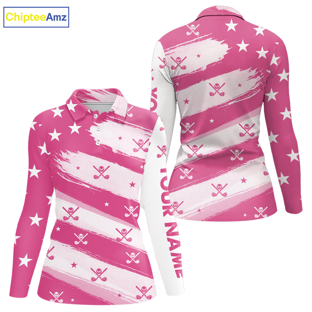 Pink American Flag Women golf polo shirt custom patriotic golf outfits ladies, cool golf gifts NQS10092