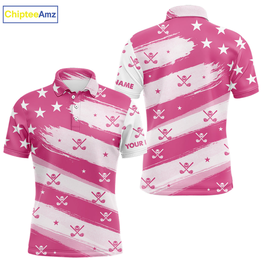 Pink American Flag Men golf polo shirt custom patriotic golf outfits men, cool golf gifts NQS10092