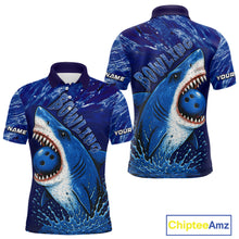 Load image into Gallery viewer, Custom Blue Shark Bowling Polo, Quarter Zip Shirts For Men, Shark Bowling League Shirts NQS10420