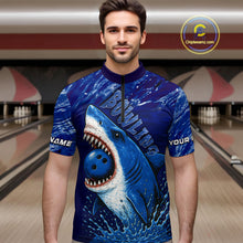 Load image into Gallery viewer, Custom Blue Shark Bowling Polo, Quarter Zip Shirts For Men, Shark Bowling League Shirts NQS10420