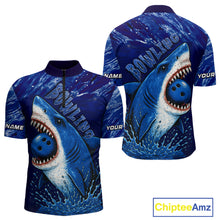Load image into Gallery viewer, Custom Blue Shark Bowling Polo, Quarter Zip Shirts For Men, Shark Bowling League Shirts NQS10420