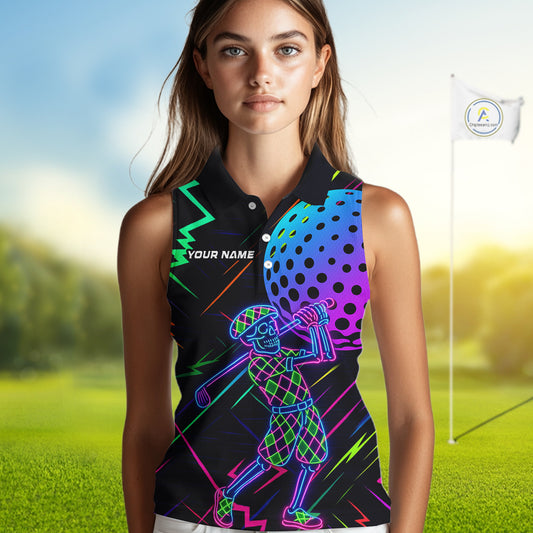 Colorful Neon skull golfer Women Sleeveless polo shirt custom golf attire for ladies, cool golf gifts NQS10098