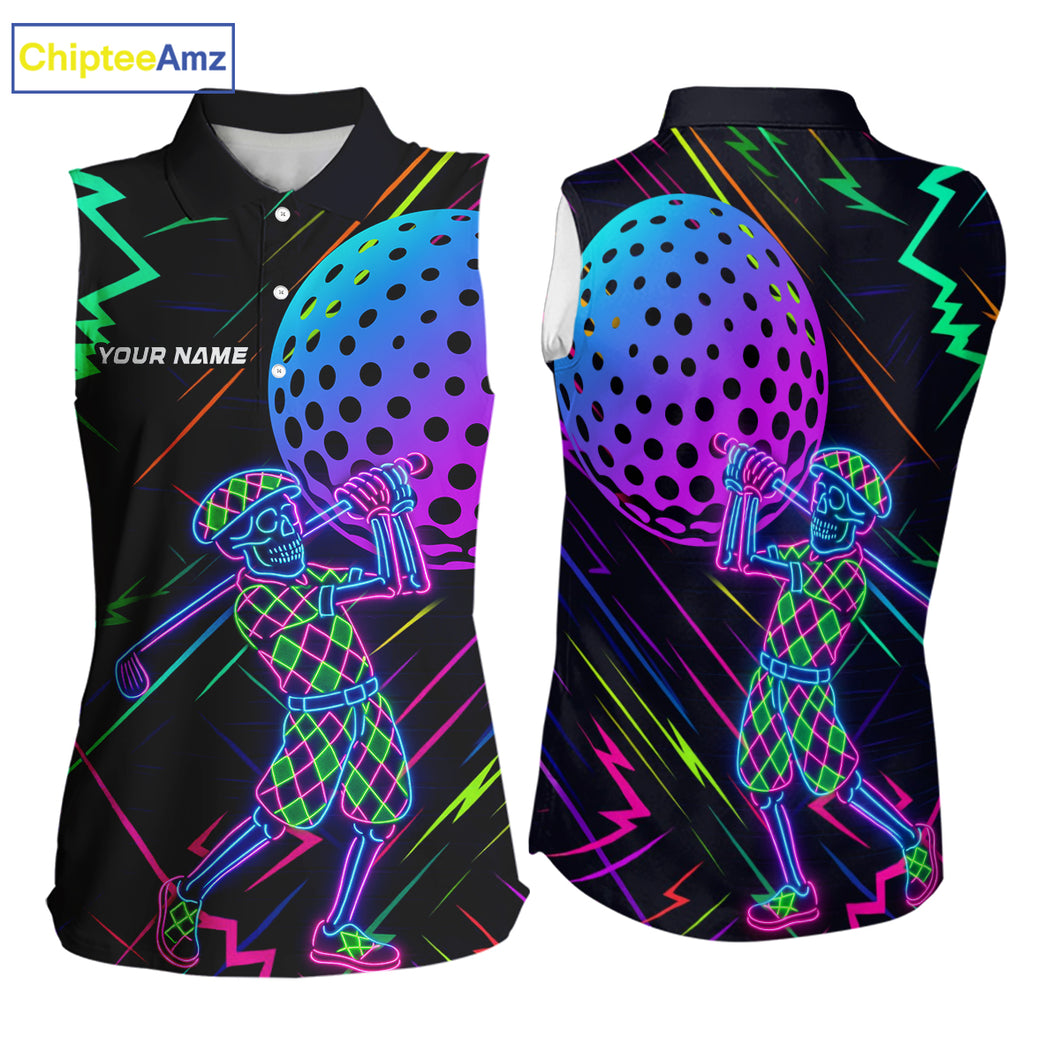 Colorful Neon skull golfer Women Sleeveless polo shirt custom golf attire for ladies, cool golf gifts NQS10098