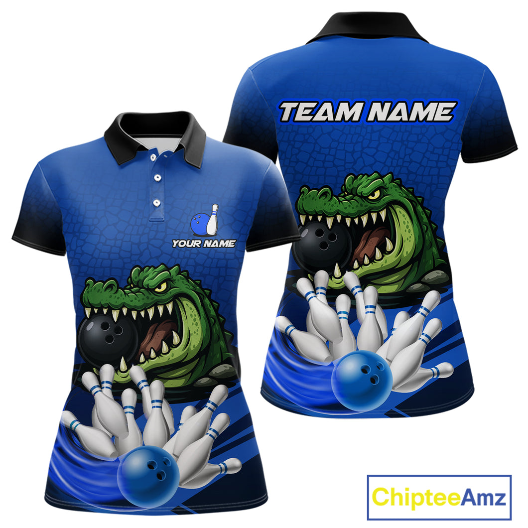 Funny Blue Alligator Bowling Polo, Quarter Zip shirts for Women Custom Team bowling league jersey NQS10630