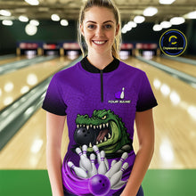 Load image into Gallery viewer, Funny Purple Alligator Bowling Polo, Quarter Zip shirts for Women Custom Team bowling league jersey NQS10631