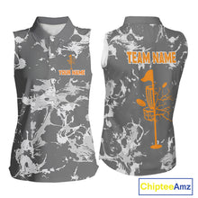 Load image into Gallery viewer, Gray Camo Orange Disc Golf basket Womens Disc golf sleeveless polo shirt Custom team disc golf jerseys NQS9975