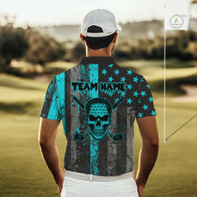 Load image into Gallery viewer, Custom Turquoise Grunge American Flag Patriotic Skull Golf Shirt For Men, Retro Mens Golf top NQS10481