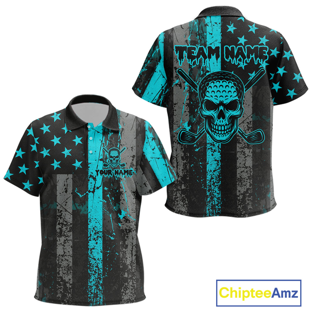Custom Turquoise Grunge American Flag Patriotic Skull Golf Shirt For Kid, Retro Kid Golf top NQS10481