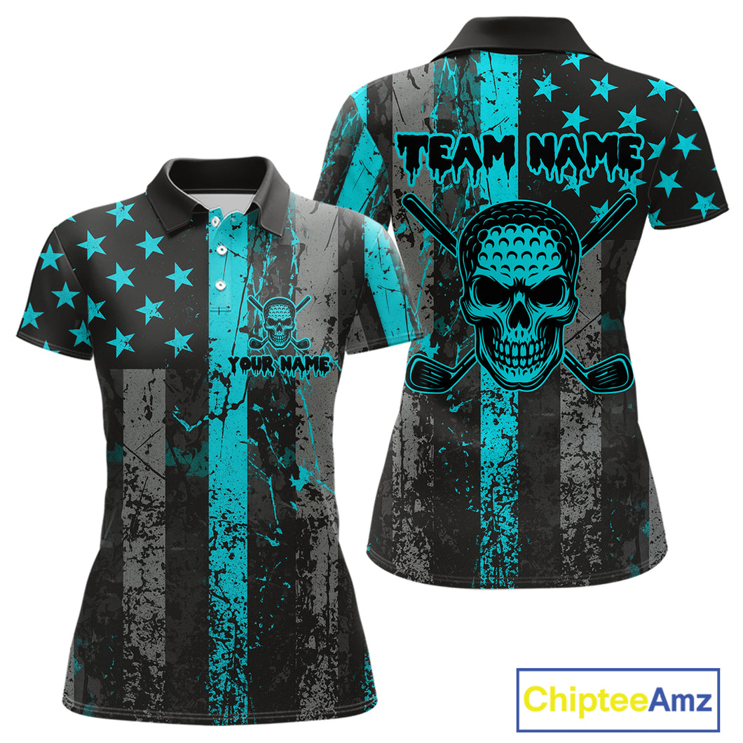 Custom Turquoise Grunge American Flag Patriotic Skull Golf Shirt For Women, Retro Ladies Golf top NQS10481