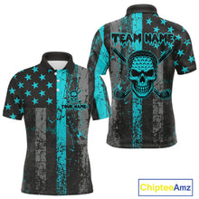 Load image into Gallery viewer, Custom Turquoise Grunge American Flag Patriotic Skull Golf Shirt For Men, Retro Mens Golf top NQS10481