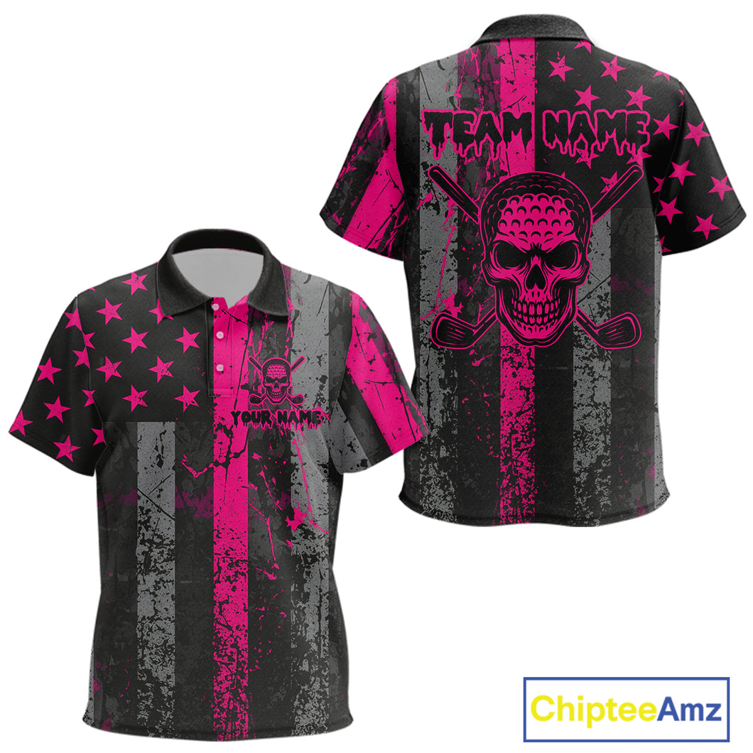 Custom Pink Grunge American Flag Patriotic Skull Golf Shirt For Kid, Retro Kid Golf top NQS10482